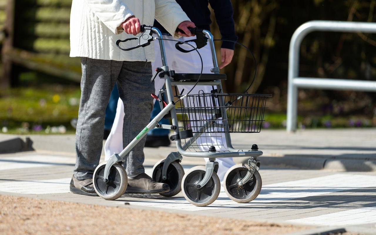 Physiotherapeutin erklärt einer Seniorin den Umgang mit Rollator