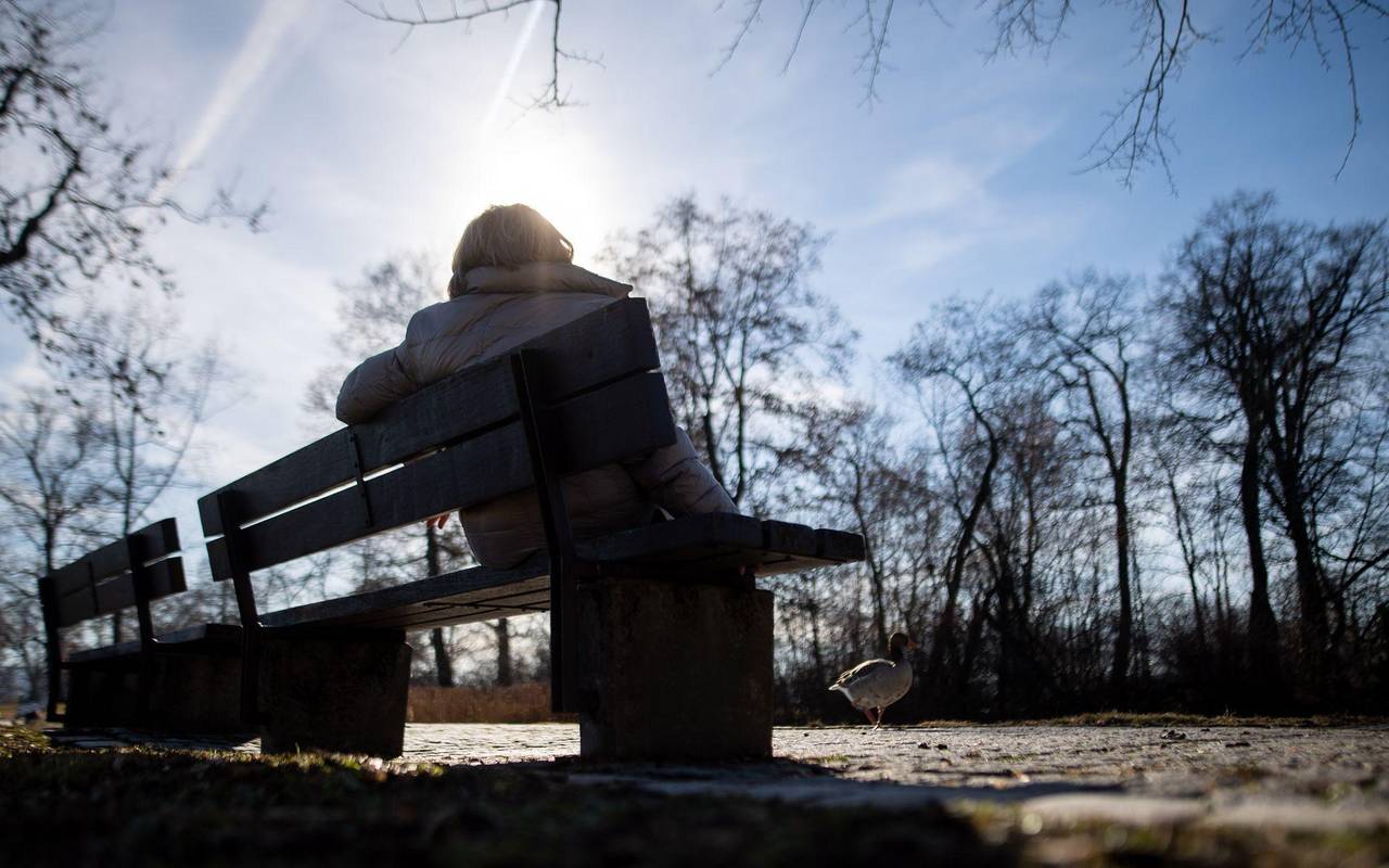 Eine Frau sitzt neben kahlen Bäumen in der Sonne