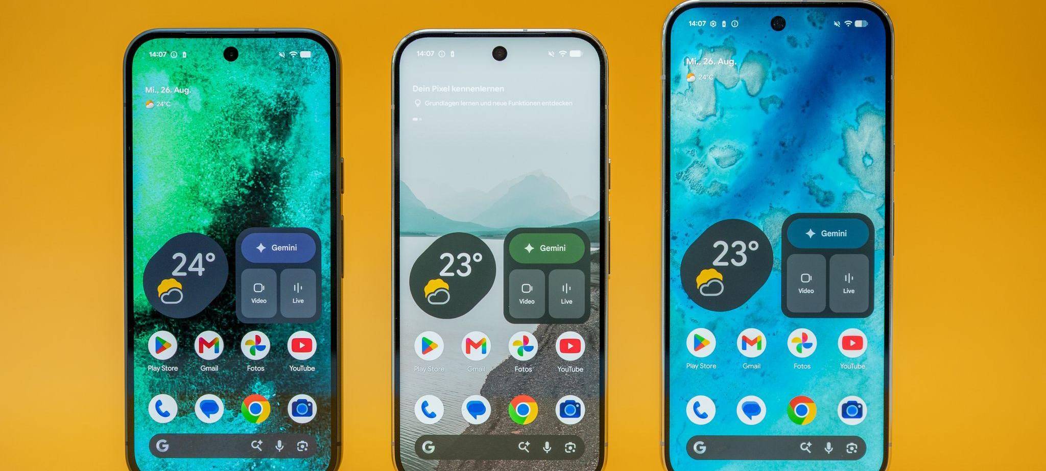 Das Google Pixel 11, Pixel 11 Pro und Pixel 11 Pro XL von vorne